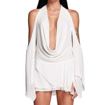 Hilinker Womens Sexy Mesh Long Sleeve Mini Dress Deep V Neck Dresses Night Club White Small