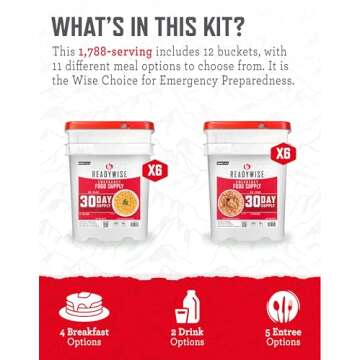 READYWISE- 6 Month, Emergency Food Supply, 1788 Servings, 12 Buckets, Freeze-Dried, MRE, Camping, Hiking, Survival, Adventure Meal, 25-Year Shelf Life