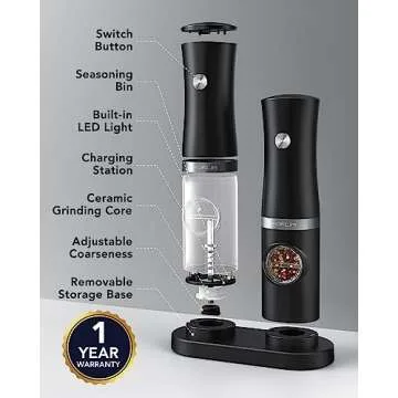 FORLIM Rechargeable Electric Salt and Pepper Grinder Set with Charging Base, Automatic Pepper Mill, Adjustable Coarseness, White LED Light, USB Type-C Cable, One Hand Operation, 2 Mills
