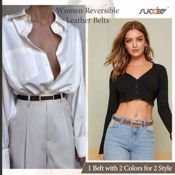 SUOSDEY Women Reversible Leather Belts for Jeans Pants Dresses Ladies Fashion Belts with Gold Buckle, 0.9" Width