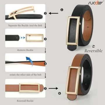 SUOSDEY Women Reversible Leather Belts for Jeans Pants Dresses Ladies Fashion Belts with Gold Buckle, 0.9" Width