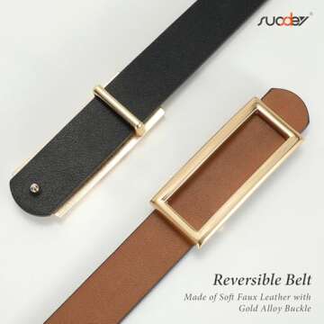 SUOSDEY Women Reversible Leather Belts for Jeans Pants Dresses Ladies Fashion Belts with Gold Buckle, 0.9" Width