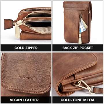 BOSTANTEN Vegan Leather Small Crossbody Bags for Women Designer Cell Phone Bag Wallet Purses Adjustable Strap Retro Brown