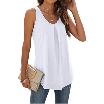 WIHOLL White Tank Tops Women V Neck Loose Fit Summer Sleeveless Tops Pleated Basic M