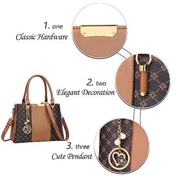 KKXIU 3 Zippered Compartments Purses and Handbags for Women Top Handle Satchel Shoulder Ladies Bags (C-brown flower pattern)