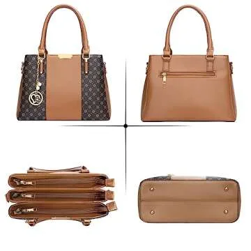 KKXIU 3 Zippered Compartments Purses and Handbags for Women Top Handle Satchel Shoulder Ladies Bags (C-brown flower pattern)