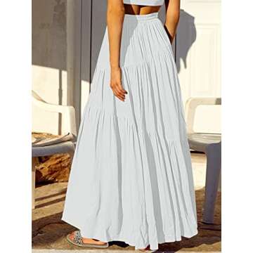 ANRABESS Women’s Boho Elastic High Waist Pleated A-Line Flowy Swing Asymmetric Tiered Maxi Long Skirt Dress with Pockets White Medium