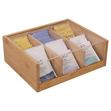HTB Tea Bag Organizer 6 Compartments Gift Box Bamboo Tea Organizer for Tea Bags with Acrylic Transparent Hinged Lid