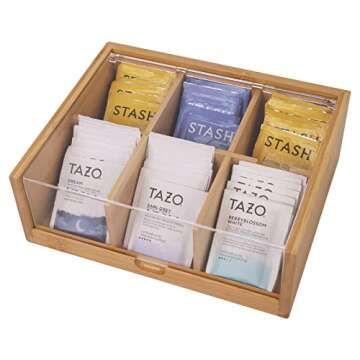HTB Tea Bag Organizer 6 Compartments Gift Box Bamboo Tea Organizer for Tea Bags with Acrylic Transparent Hinged Lid