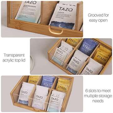 HTB Tea Bag Organizer 6 Compartments Gift Box Bamboo Tea Organizer for Tea Bags with Acrylic Transparent Hinged Lid
