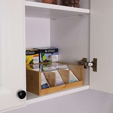 HTB Tea Bag Organizer 6 Compartments Gift Box Bamboo Tea Organizer for Tea Bags with Acrylic Transparent Hinged Lid