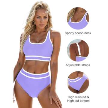 Blooming Jelly Womens High Waist Bikini Sets Sporty Color Block Two Piece Swimsuits Scoop Neck Cheeky Bathing Suits (X-Large, Lavender Purple)