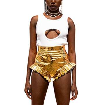High Waist Ruffle Shorts for Women Shiny Metallic Shorts Sparkly Yoga Hot Shorts Y2K 90s Stylish Bodycon Night Out Club Pants (Golden, Small)