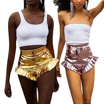 High Waist Ruffle Shorts for Women Shiny Metallic Shorts Sparkly Yoga Hot Shorts Y2K 90s Stylish Bodycon Night Out Club Pants (Golden, Small)