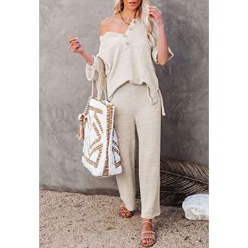 Pink Queen Women's 2 Piece Matching Lounge Set Waffle Knit Outfit Button Pullover Sweater Top Wide Leg Pants Apricot L