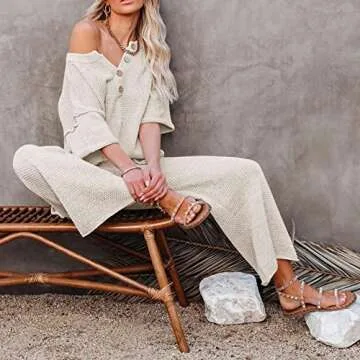 Pink Queen Women's 2 Piece Matching Lounge Set Waffle Knit Outfit Button Pullover Sweater Top Wide Leg Pants Apricot L