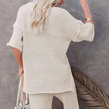 Pink Queen Women's 2 Piece Matching Lounge Set Waffle Knit Outfit Button Pullover Sweater Top Wide Leg Pants Apricot L