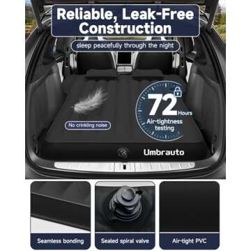 Umbrauto Mattress for Tesla Model Y: Inflatable Camping Air Mattress for SUV Travel, Portable Flocking Surface Sleeping Pad with Air Pump, Repair Patch, Storage Bag, Black