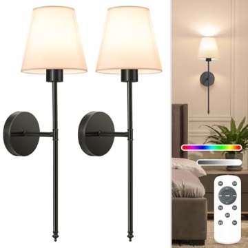 NIORSUN Battery Operated Wall Sconce Set of 2,Black Rechargeable Wall Lights with 5200mAh Dimmable D...