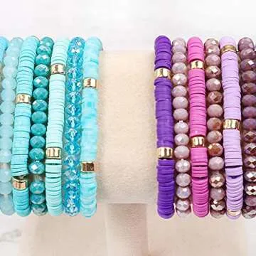 RIAH FASHION Bohemian Multi-Layer Beaded Stacking Statement Bracelets - Versatile Stretch Sparkly Crystal Beads Wrap Slip-on Bangle Set (Sparkly & Coin Bead Ombre 7 Layer - Yellow)