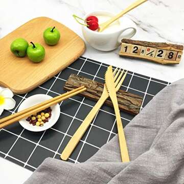 Eco-Friendly Bamboo Flatware Set - 7 Piece Portable Utensils - Knife, Fork, Spoon, Straws & Chopsticks