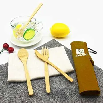 Eco-Friendly Bamboo Flatware Set - 7 Piece Portable Utensils - Knife, Fork, Spoon, Straws & Chopsticks