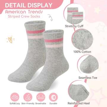 American Trends Retro Crew Socks: 4 Pairs Girls Socks 4-6 Years Old Cute Striped Socks - Pink/White ...