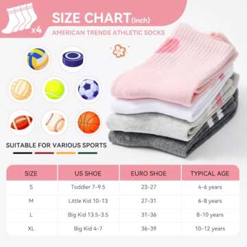 American Trends Retro Crew Socks: 4 Pairs Girls Socks 4-6 Years Old Cute Striped Socks - Pink/White Hearts Stripes Kids Socks
