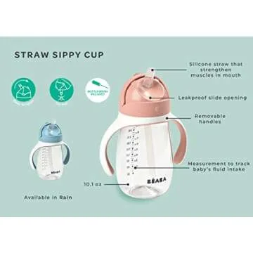 Beaba Straw Sippy Cup, Toddler Baby Straw Cup with Removable Handles, Leak and Spill Proof, BPA Phthalate Free, 8+ months, 10 oz, (Rose)