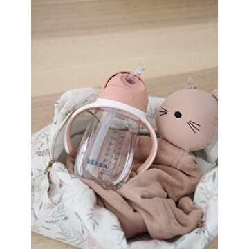 Beaba Straw Sippy Cup, Toddler Baby Straw Cup with Removable Handles, Leak and Spill Proof, BPA Phthalate Free, 8+ months, 10 oz, (Rose)