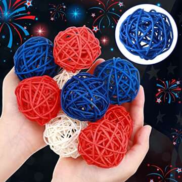 45 Pieces 4th of July Rattan Balls Red White and Blue Wicker Balls 1.8 Inch Decorative Balls for Centerpiece Bowls Sphere Orb Filler Decor Natural Rattan Ball Decorations Vase Ornament for Table