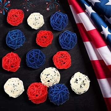 45 Pieces 4th of July Rattan Balls Red White and Blue Wicker Balls 1.8 Inch Decorative Balls for Centerpiece Bowls Sphere Orb Filler Decor Natural Rattan Ball Decorations Vase Ornament for Table