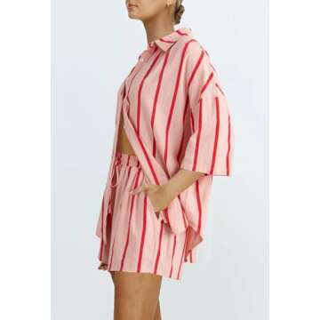 Fixmatti Women 2 Piece Casual Striped Outfit Button Down Half Sleeve Shirt and High Waisted Shorts Set Pink S