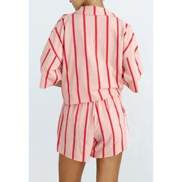 Fixmatti Women 2 Piece Casual Striped Outfit Button Down Half Sleeve Shirt and High Waisted Shorts Set Pink S