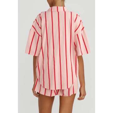 Fixmatti Women 2 Piece Casual Striped Outfit Button Down Half Sleeve Shirt and High Waisted Shorts Set Pink S