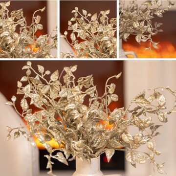 Valery Madelyn 6 Pcs Gold Leaves Stems for Christmas Tree, Gold Glitter Christmas Picks with Artificial Branches for Christmas Wreath Garland Flower Vase Filler Decorations and Home Decor, 12inch