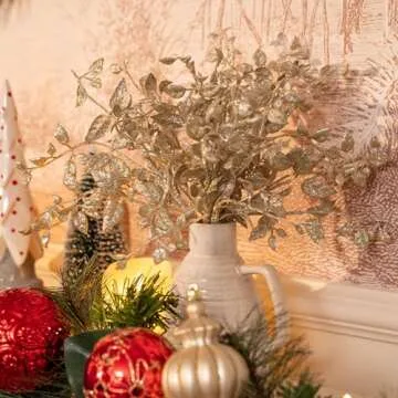 Valery Madelyn 6 Pcs Gold Leaves Stems for Christmas Tree, Gold Glitter Christmas Picks with Artificial Branches for Christmas Wreath Garland Flower Vase Filler Decorations and Home Decor, 12inch