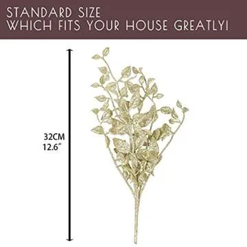 Valery Madelyn 6 Pcs Gold Leaves Stems for Christmas Tree, Gold Glitter Christmas Picks with Artificial Branches for Christmas Wreath Garland Flower Vase Filler Decorations and Home Decor, 12inch