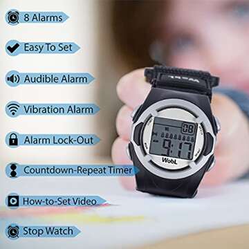 WobL Vibrating 8-Alarm & Repeating Countdown Timer Watch, Medication/Sports/Meetings/Potty, BlackWobL (Black) Vibrating Reminder Watch | 8 Alarm