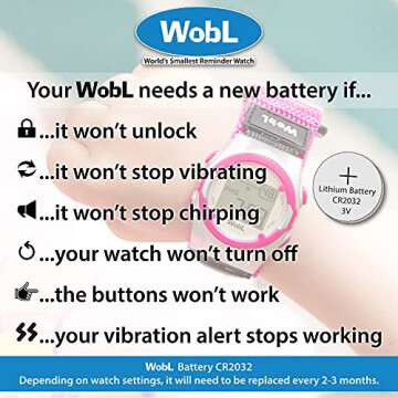 WobL Vibrating 8-Alarm & Repeating Countdown Timer Watch, Medication/Sports/Meetings/Potty, BlackWobL (Black) Vibrating Reminder Watch | 8 Alarm