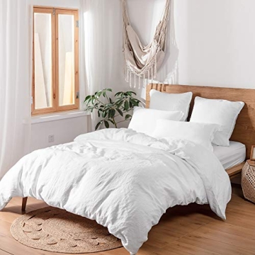 Simple&Opulence 100% Linen Duvet Cover Set, 3 PCS Natural French Flax White Duvet Cover Queen Size, ...