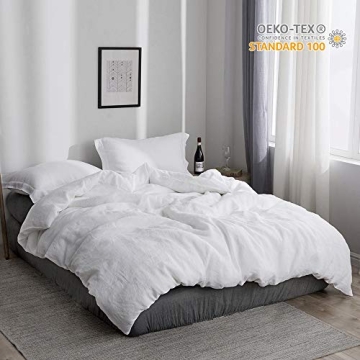 Simple&Opulence 100% Linen Duvet Cover Set, 3 PCS Natural French Flax White Duvet Cover Queen Size, Breathable Soft Comfy Linen Bedding Comforter Cover with 2 Pillowcases(White, 88"x92")