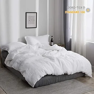 Simple&Opulence 100% Linen Duvet Cover Set, 3 PCS Natural French Flax White Duvet Cover Queen Size, Breathable Soft Comfy Linen Bedding Comforter Cover with 2 Pillowcases(White, 88"x92")