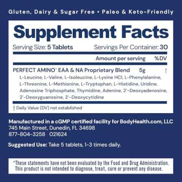BodyHealth PerfectAmino Tablets (150 ct), Essential Amino Acid with BCAAs + Lysine, Phenylalanine, Threonine, Methionine, Tryptophan, Supplement for Muscle Mass Production, Recovery & Strength