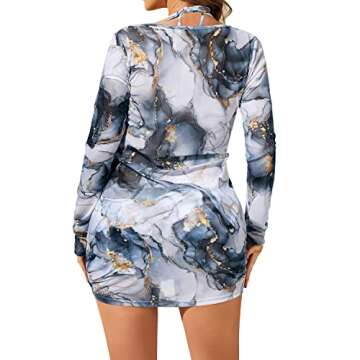 Pinup Fashion Three Piece Swimsuits Women Blue White Marble Bathing Suit Sets 3 Piece Bikini with Co...