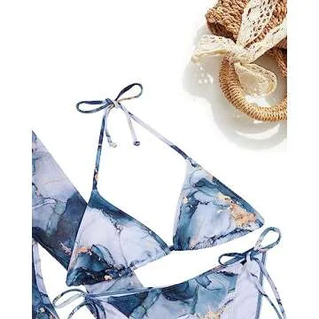 Pinup Fashion Three Piece Swimsuits Women Blue White Marble Bathing Suit Sets 3 Piece Bikini with Coverup S-XL