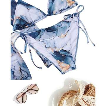 Pinup Fashion Three Piece Swimsuits Women Blue White Marble Bathing Suit Sets 3 Piece Bikini with Coverup S-XL