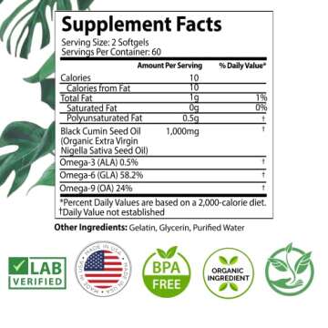 Organic High Potency Turkish Black Seed Oil Capsules, Cold Pressed, High TQ, 2 Month Supply, Non-GMO...