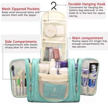 tuowan Hanging Travel Toiletry Bag for Women Girls, Travel Cosmetic Makeup Kit Organizer for Toiletries Accessories Large (Green)