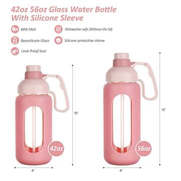 MUKOKO 42oz Glass Water Bottle with Straw, Motivational Water Bottle with Silicone Sleeves and Handle,Leakproof BPA Free Wide Mouth Water Jug for Gym,Working,Outdoor,Pink